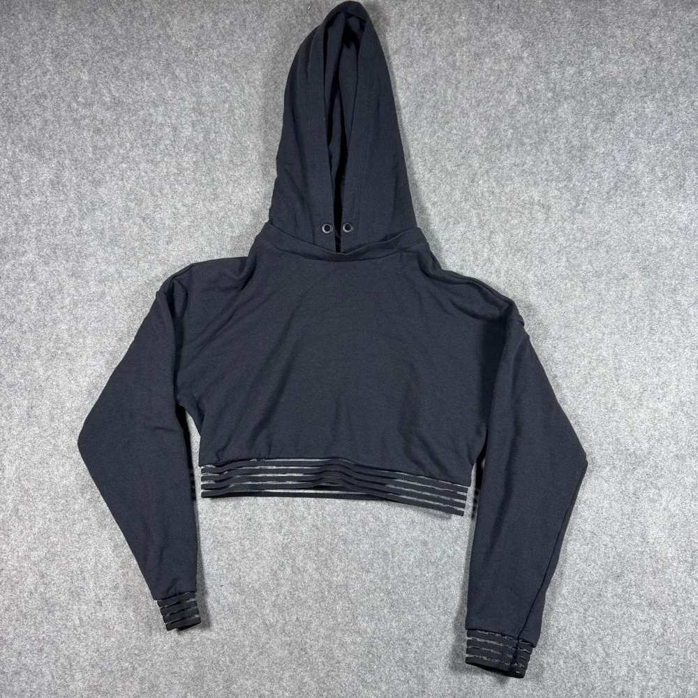 Alo Yoga Hoodie Womens XS Black Cropped Mesh Trim Back Cutout Fleece Sweatshirt